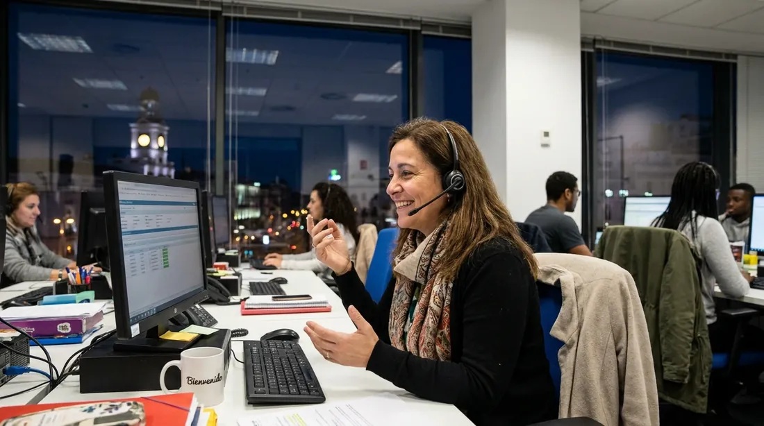 Oficina de noche con una sola persona atendiendo el teléfono