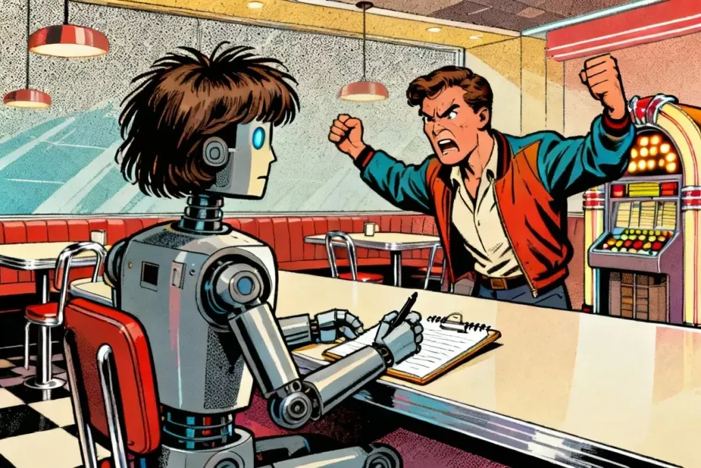 Ilustración de un agente atendiendo a un cliente molesto en un mostrador