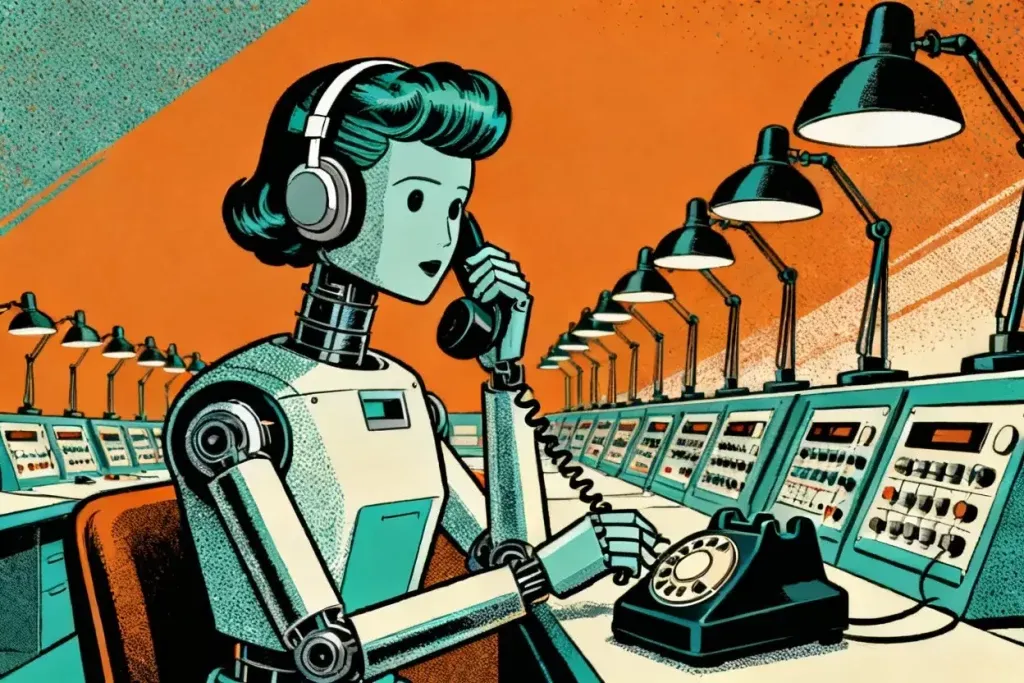 Ilustración de una operadora atendiendo llamadas en una central